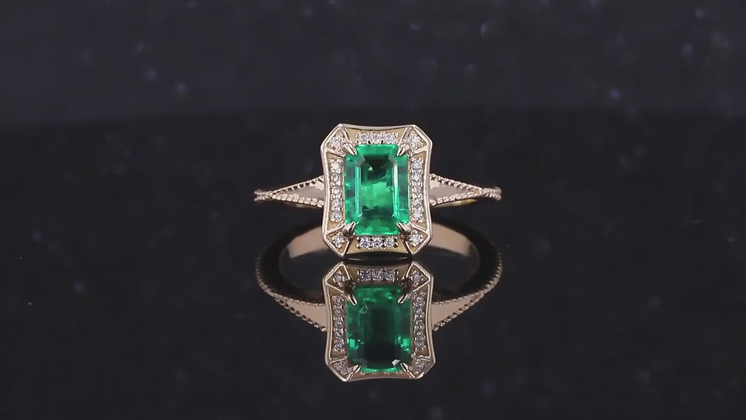 5x7mm, 1.00ct Lab-Grown Colombian Emerald with Diamond Halo Vintage Ring in 14K Yellow Gold