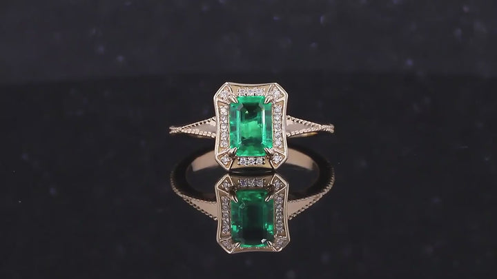 5x7mm, 1.00ct Lab-Grown Colombian Emerald with Diamond Halo Vintage Ring in 14K Yellow Gold