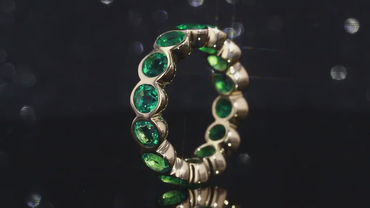 3mm, 1.50ctw Round Lab-Grown Colombian Emerald Bezel-Set Eternity Band Ring in 14K Yellow Gold