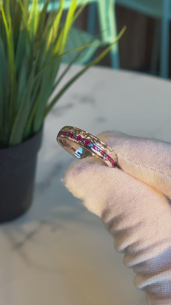 Customized™ Natural Ruby and Sapphire 5mm Band with Leaf Pattern in 925 Sterling Silver