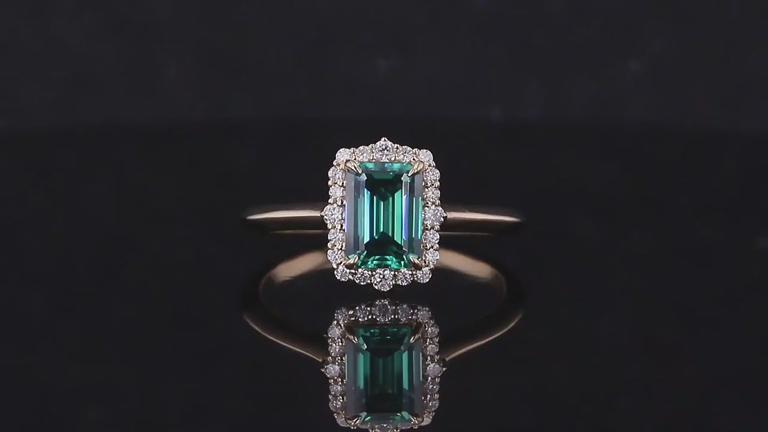 5x7mm, 1.00ct Emerald Cut Green Moissanite with Diamond Halo Ring in 14K Solid Yellow Gold
