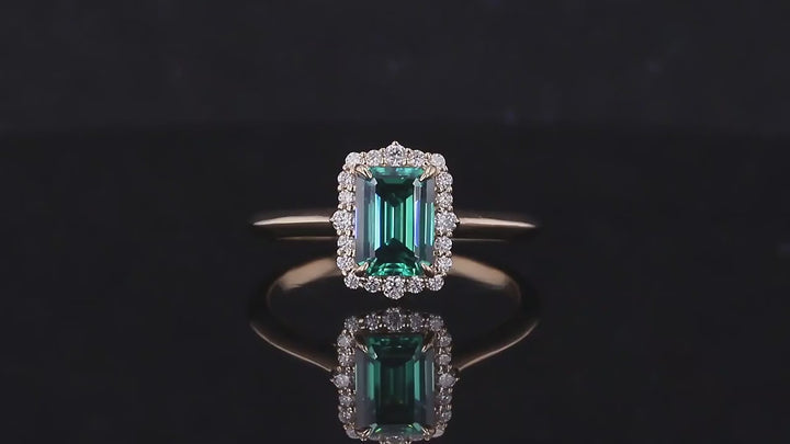 5x7mm, 1.00ct Emerald Cut Green Moissanite with Diamond Halo Ring in 14K Solid Yellow Gold