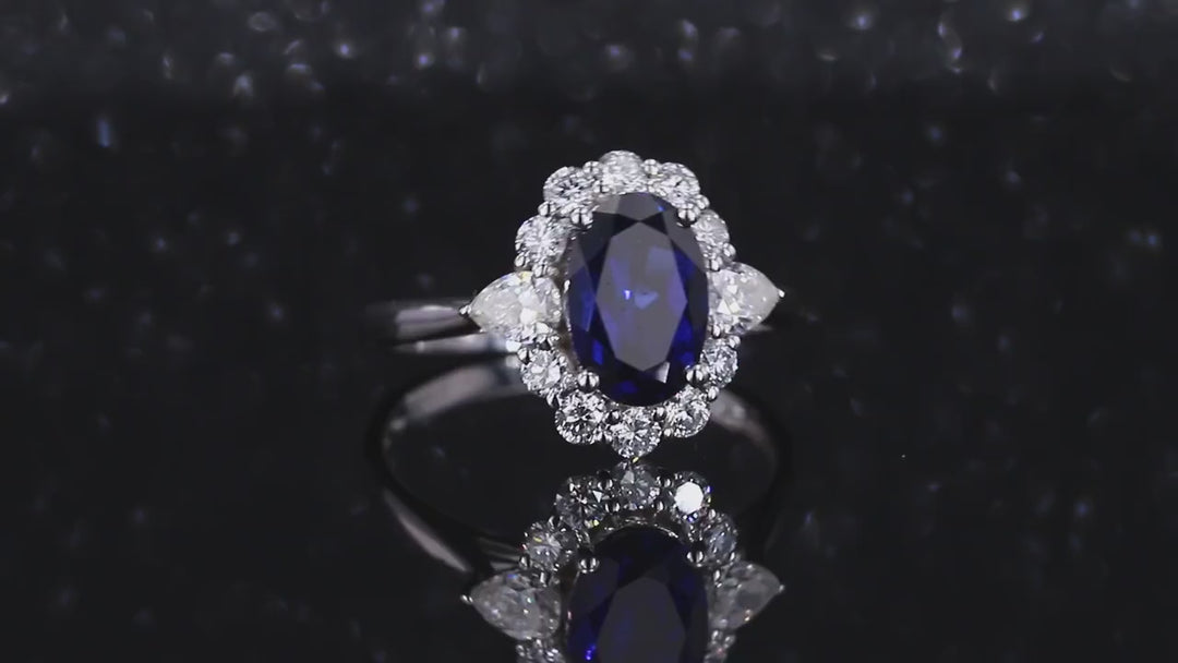 6x8mm, 1.75ct Oval Lab-Grown Blue Sapphire Ring with Diamond Halo in 14K White Gold
