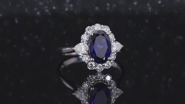 6x8mm, 1.75ct Oval Lab-Grown Blue Sapphire Ring with Diamond Halo in 14K White Gold