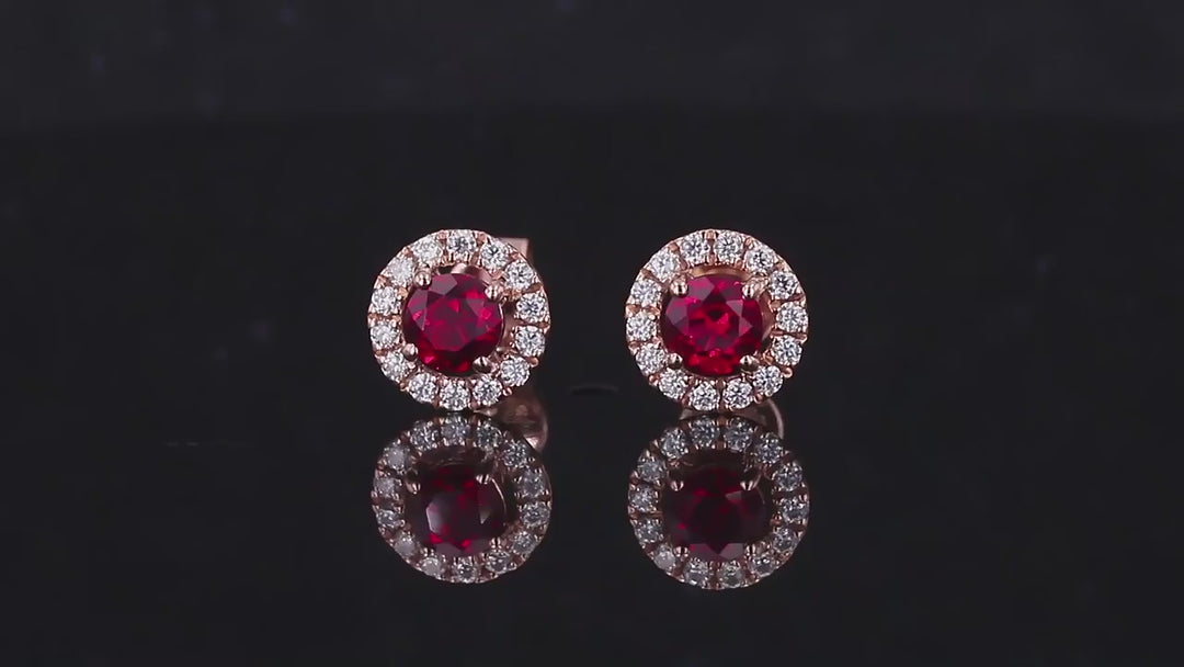 4.5mm, 0.50ct Each Round Lab-Grown Red Ruby with Diamond Halo Earrings in 14K Rose Gold