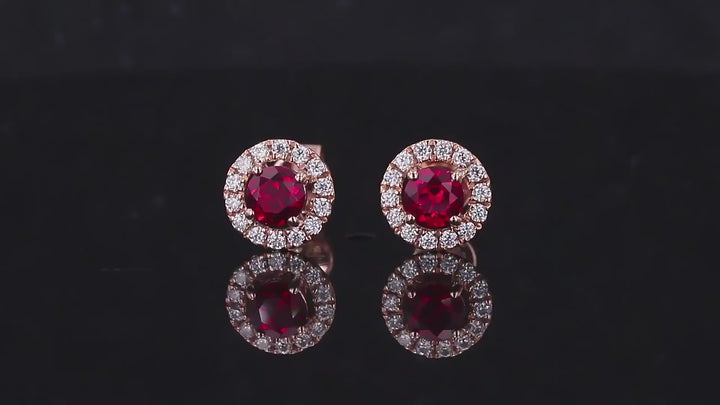 4.5mm, 0.50ct Each Round Lab-Grown Red Ruby with Diamond Halo Earrings in 14K Rose Gold