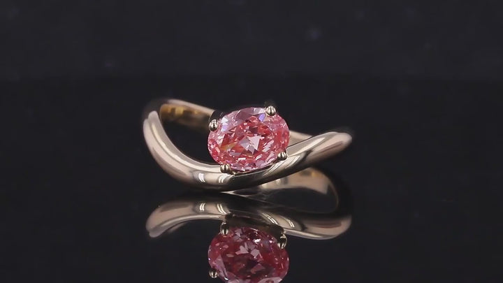 1.00ct Oval Cut Vivid Pink Diamond Curved Ring in 14K Solid Yellow Gold