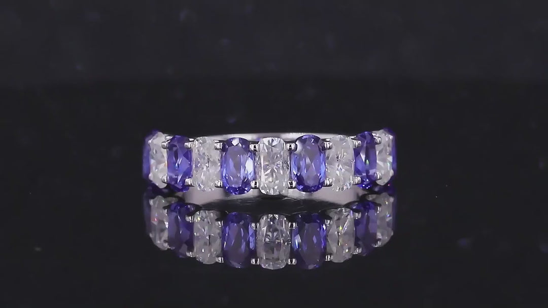 3x5mm, 3.35ctw Oval Lab-Grown Blue Sapphire & Diamond Alternating Half-Eternity Ring in 14K White Gold