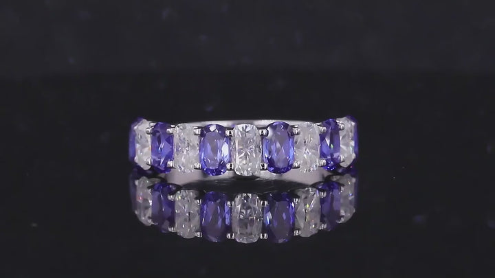 3x5mm, 3.35ctw Oval Lab-Grown Blue Sapphire & Diamond Alternating Half-Eternity Ring in 14K White Gold