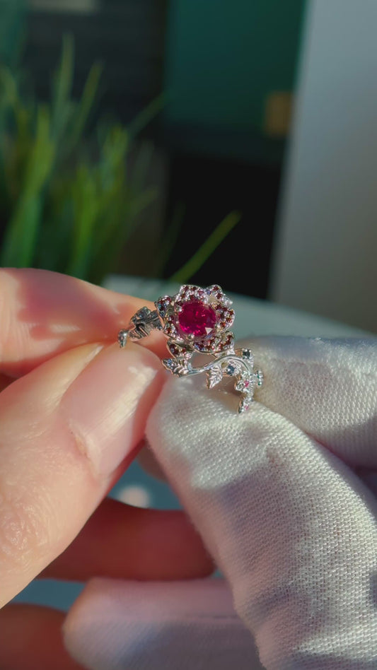 Customized™ 0.45ct Round Natural Ruby Rose Ring with Petal and Leaf Accents, featuring Natural Rubies and Sapphires in 925 Sterling Silver