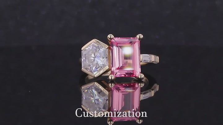 7.5x10mm Emerald Cut Sakura Pink Sapphire & 7.5mm Hexagon Cut Moissanite Toi Et Moi Ring in 14K Yellow Gold