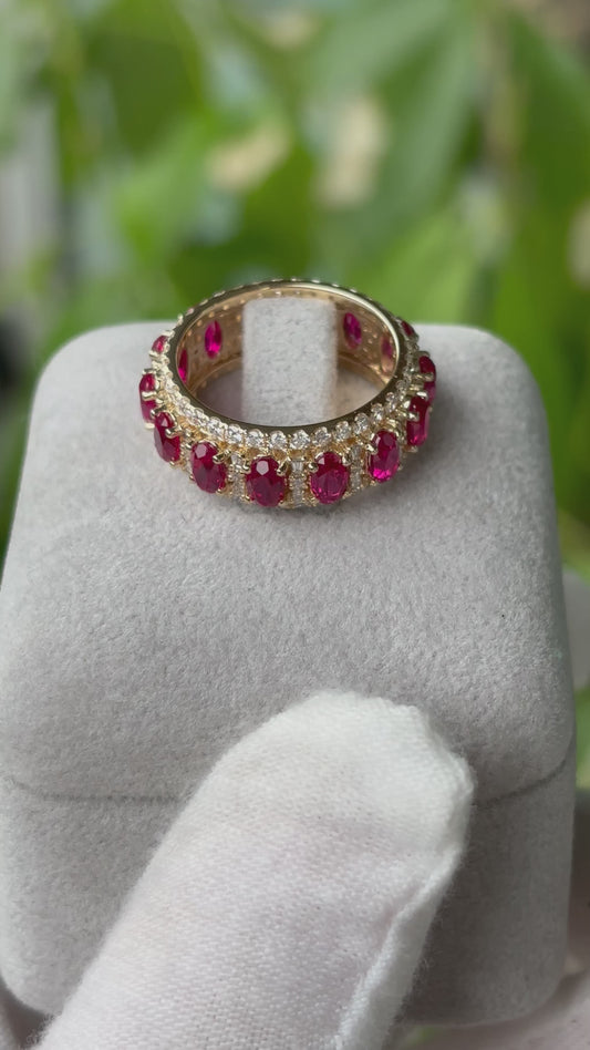 Customized™ Oval Ruby Eternity Ring with Diamond in 18k Solid Yellow Gold