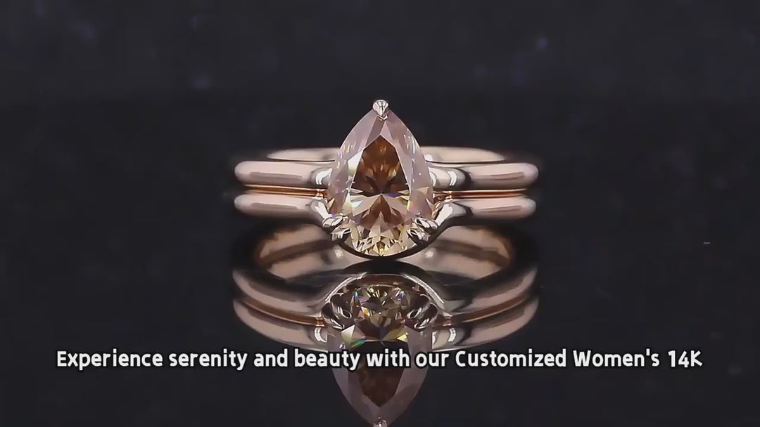 7*10mm Pear Cut Champagne Double-Band Ring in 14K Solid Yellow Gold