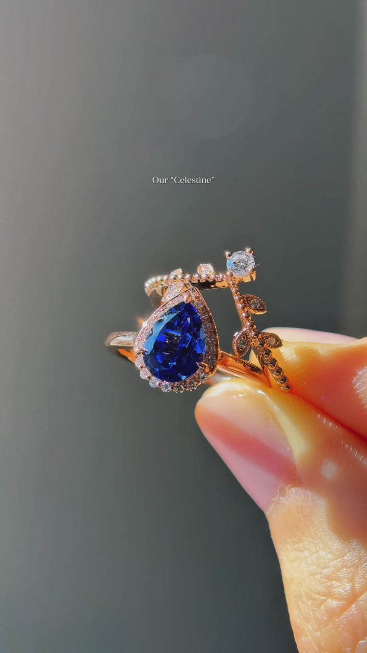 The Celestine — Blue Sapphire Halo Ring with Stacking Band