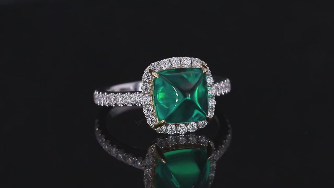 8x8mm, 2.50ct Sugar-loaf Lab-Grown Colombian Emerald with Diamond Halo/Band Ring in 14K White Gold