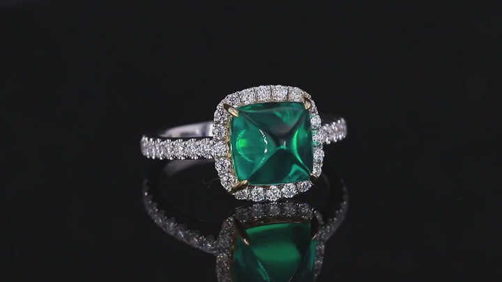 8x8mm, 2.50ct Sugar-loaf Lab-Grown Colombian Emerald with Diamond Halo/Band Ring in 14K White Gold
