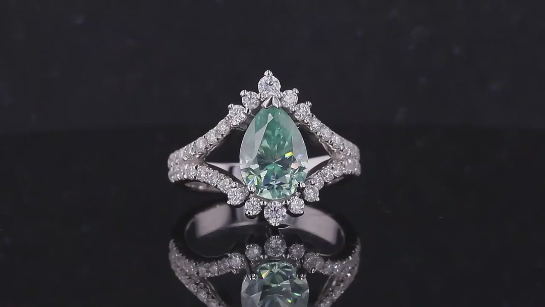 7x10mm Pear Cut Paraiba Diamond "Eye" Ring in 14K Solid White Gold