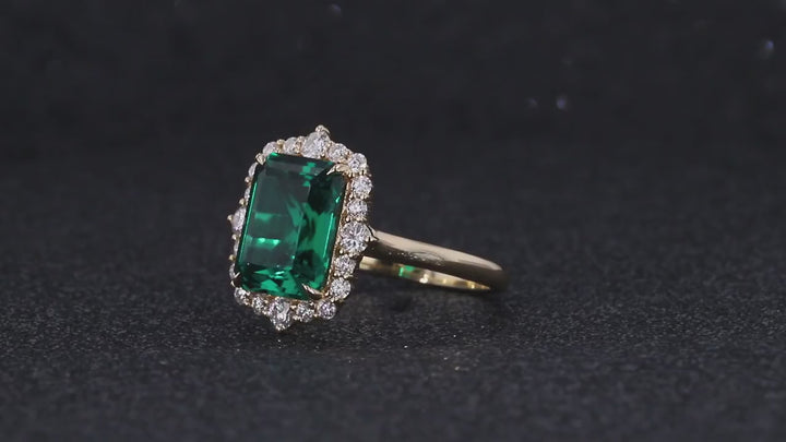 9x11mm, 4.60ct Lab-Grown Zambian Emerald with Diamond Halo Ring in 18K Yellow Gold