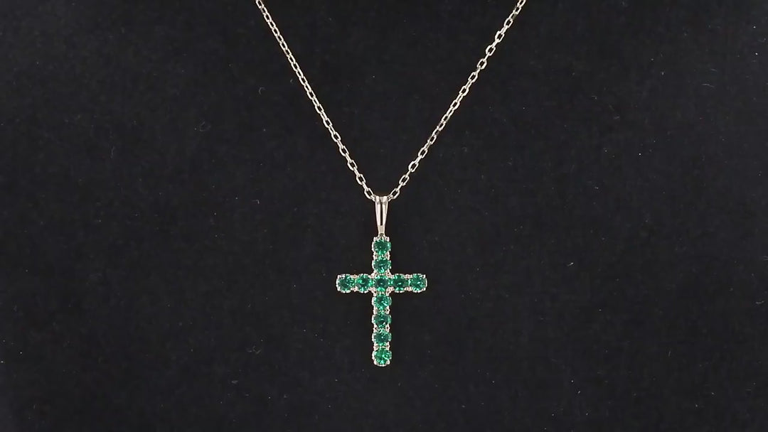 2mm, 0.80ctw Lab-Grown Colombian Emerald Cross Pendant Necklace in 14K Yellow Gold