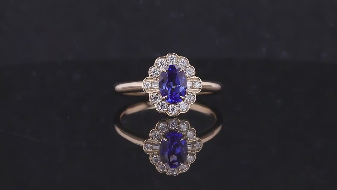 5x7mm, 1.00ct Oval Lab-Grown Blue Sapphire with Diamond Halo Vintage Ring in 14K Yellow Gold