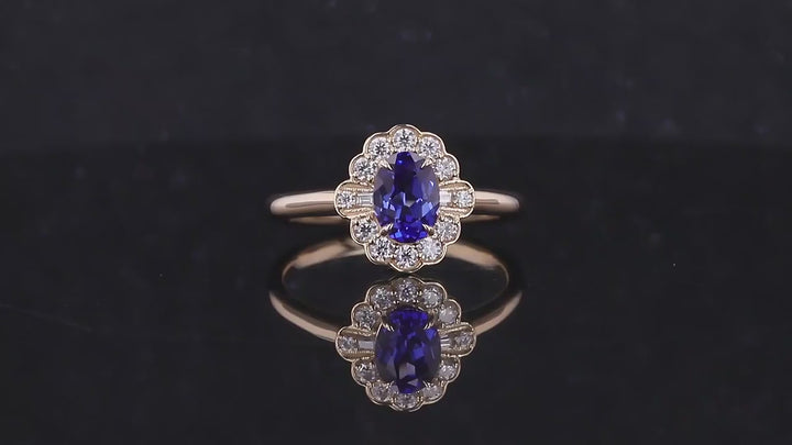 5x7mm, 1.00ct Oval Lab-Grown Blue Sapphire with Diamond Halo Vintage Ring in 14K Yellow Gold