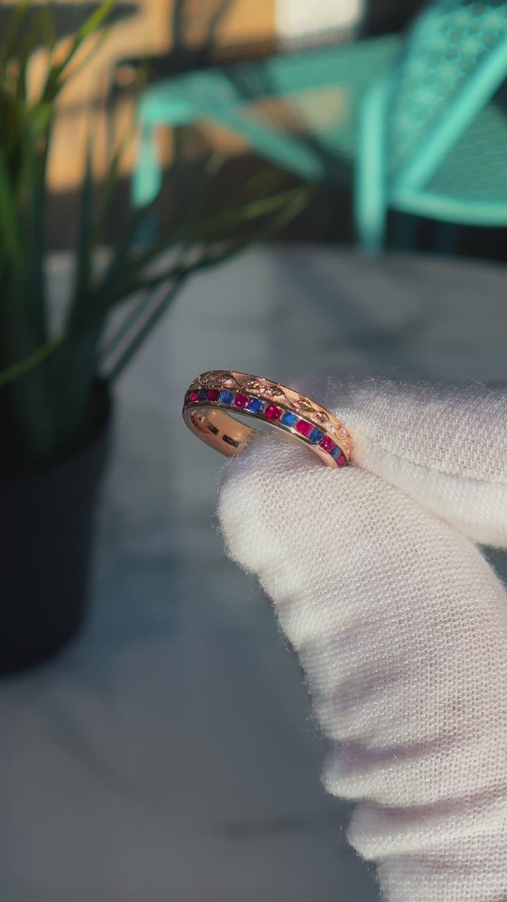 Customized™ Natural Ruby and Sapphire 4mm Band with Leaf Pattern in Rose Gold