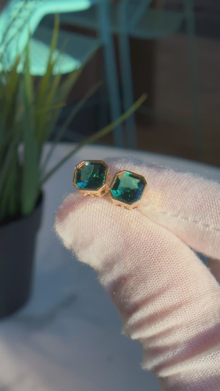 Customized™ 2.52ctw, 1.26ct Each Lab-Grown Asscher Zambian Emerald Bezel-Set Stud Earrings in Yellow Gold