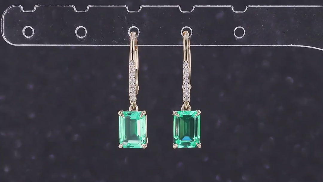 5x7mm, 1.00ct Each Lab-Grown Colombian Emerald Dangle Earrings with Diamonds in 10K Yellow Gold