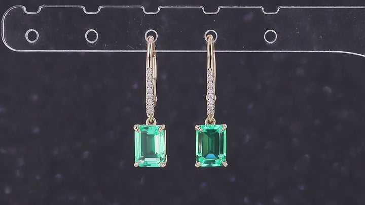 5x7mm, 1.00ct Each Lab-Grown Colombian Emerald Dangle Earrings with Diamonds in 10K Yellow Gold
