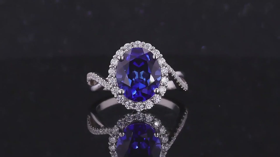 8x10mm, 4.00ct Oval Lab-Grown Blue Sapphire with Diamond Halo Ring/Twisted Band in 14K White Gold