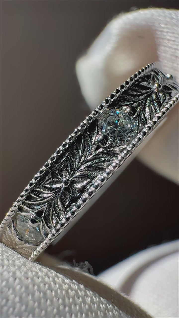 Hand-Carved Diamond Vintage Solid Gold Band (3mm) in 14K white gold — close-up detail [ld m=w shot=close]