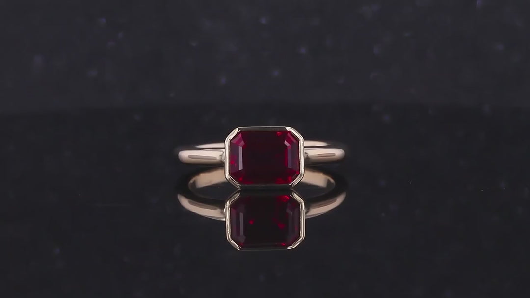 8x6mm, 2.00ct Emerald Lab-Grown Red Ruby Bezel-Set Ring in 14K Yellow Gold