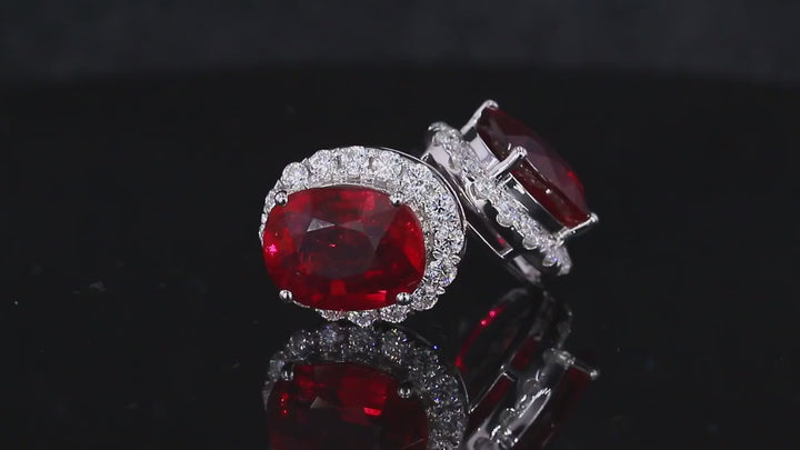 5x7mm, 1.25ct Each Oval Lab-Grown Blood Red Ruby with Diamond Halo Earrings in 18K White Gold