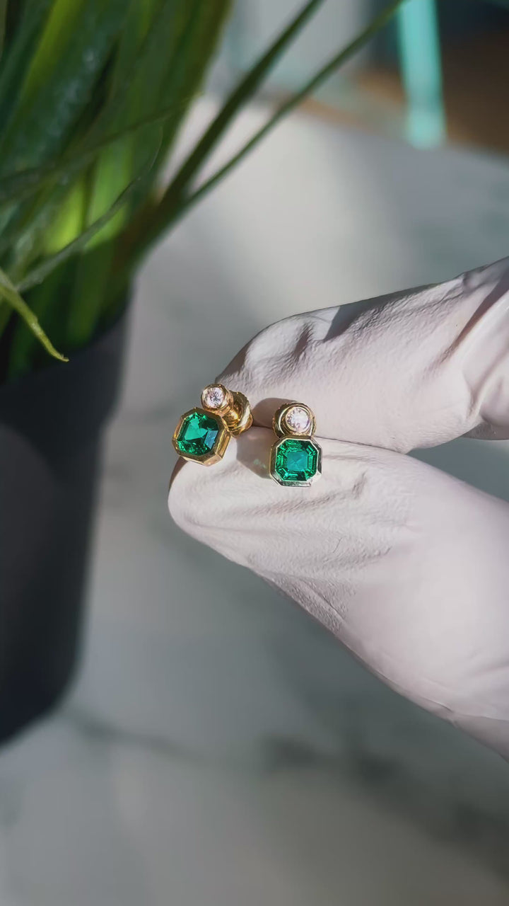 Customized™ 5mm, 0.6ct each Asscher Lab-Grown Zambian Emerald with Diamond Earrings in Yellow Gold