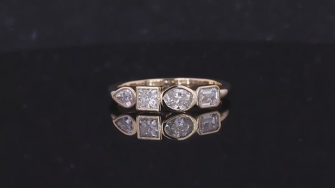 Four Stone (Pear, Princess, Oval, Emerald Cut) Moissanite Ring in 10K Solid Yellow Gold