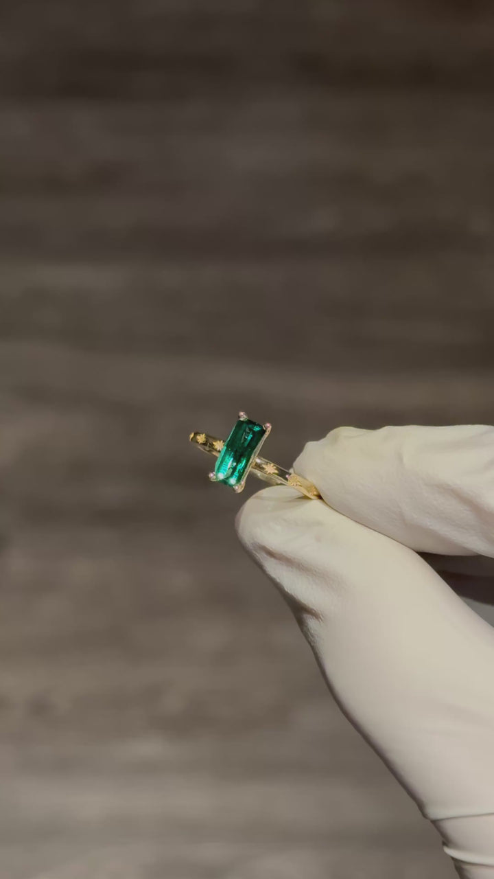 Customized™ 4.1x9mm, 2.00ct Pixel cut Lab-Grown Zambian Emerald Ring in Yellow Gold