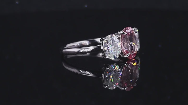 7x9mm, 2.50ct Oval Lab-Grown Sakura Pink Sapphire with Diamonds Three-Stone Ring in 14K White Gold