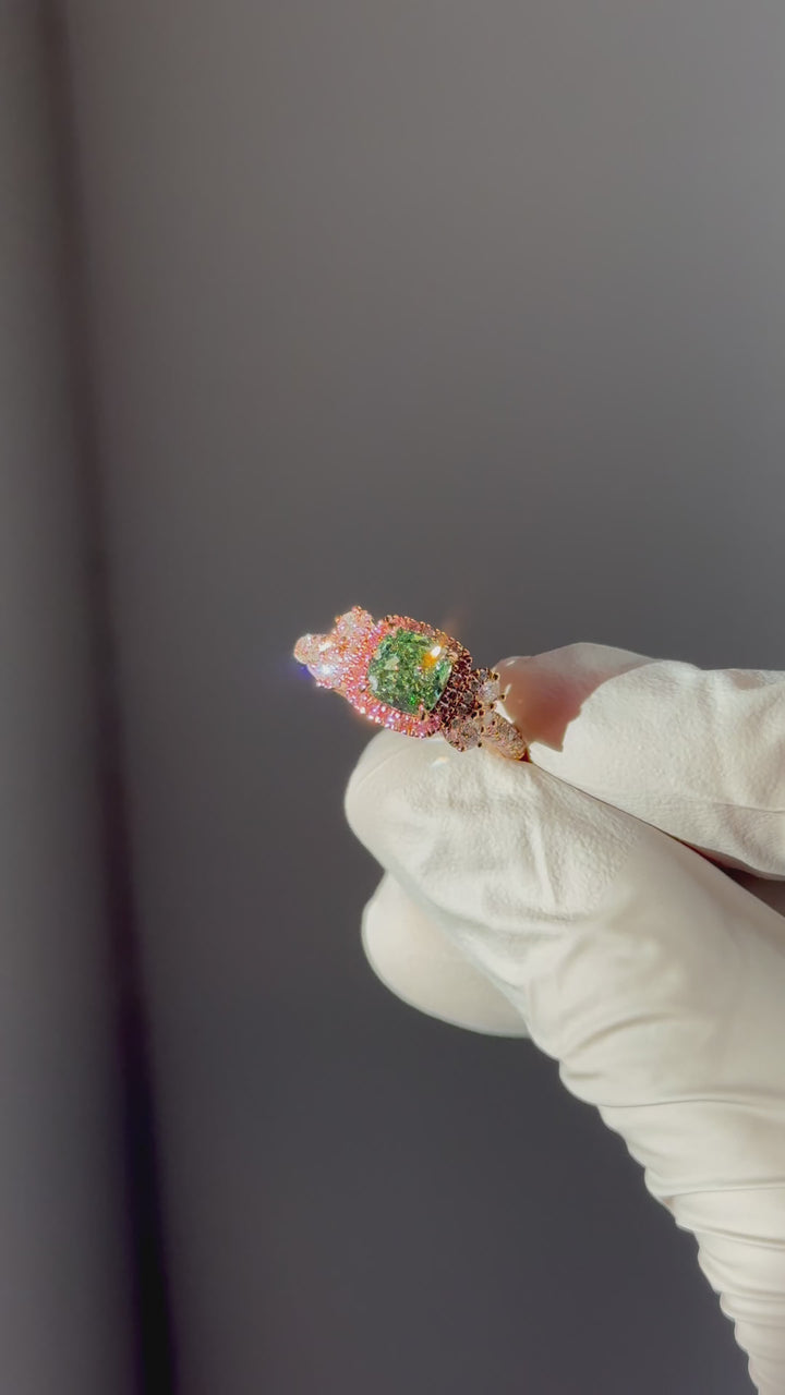Customized™ 1.20ct Cushion Cut Green Lab-Grown Diamond with Pink Diamond Halo, White Diamond Band Ring in 14K Rose Gold