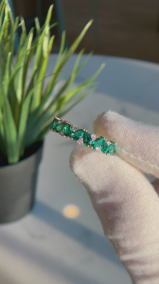 Customized™ 3*5mm Pear Cut Lab-Grown Zambian Emerald and Round Moissanite Eternity Band in 14K Solid Yellow Gold