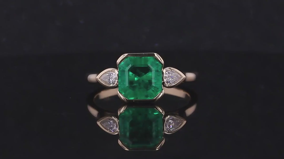 8x8mm, 2.00ct Asscher Lab-Grown Colombian Emerald with Pear Diamonds Three-Stone Ring in 14K Yellow Gold