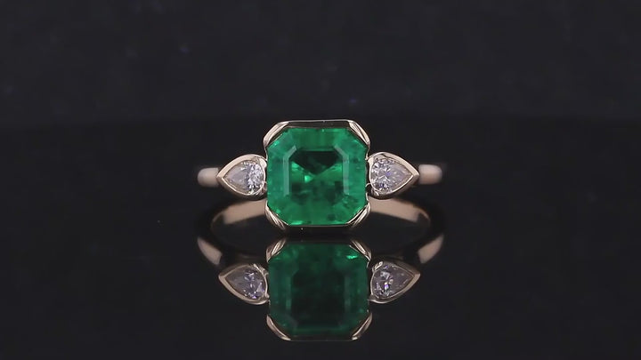 8x8mm, 2.00ct Asscher Lab-Grown Colombian Emerald with Pear Diamonds Three-Stone Ring in 14K Yellow Gold