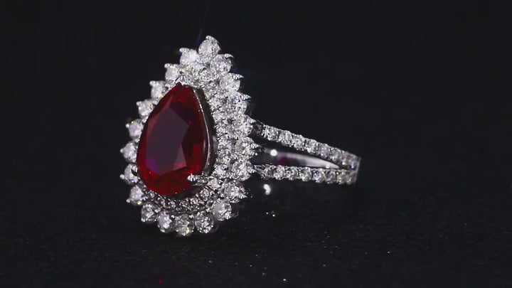 7x10mm, 2.75ct Pear Lab-Grown Red Ruby Ring with Diamond Halo/Band in 14K White Gold