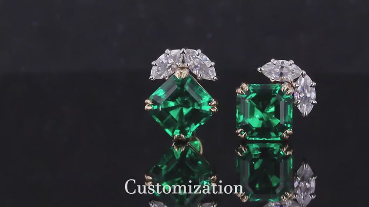 8mm, 2.00ct Each Asscher Lab-Grown Zambian Emerald with Marquise Diamond Earrings in 14K Yellow Gold