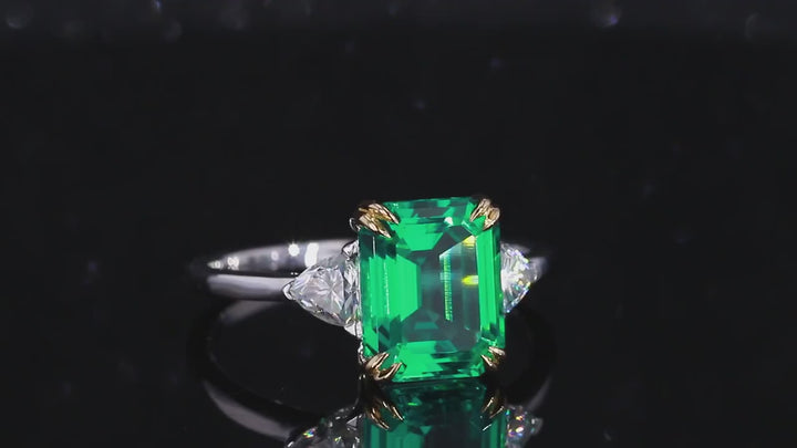 8x10mm, 3.00ct Lab-Grown Colombian Emerald with Moissanites Three-Stone Ring in 18K White Gold