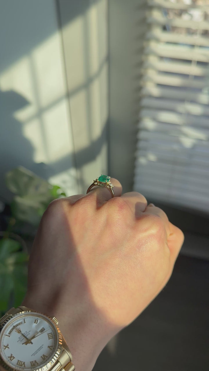 The Elysian — Cushion Three-Stone Emerald Ring