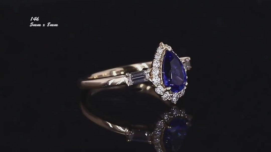 5x8mm, 1.10ct Pear Lab-Grown Blue Sapphire Ring with Diamond Halo/Baguette Side Stones in 14K Yellow Gold