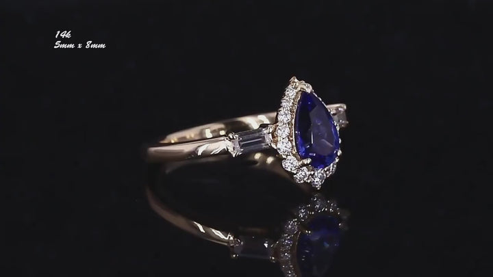5x8mm, 1.10ct Pear Lab-Grown Blue Sapphire Ring with Diamond Halo/Baguette Side Stones in 14K Yellow Gold