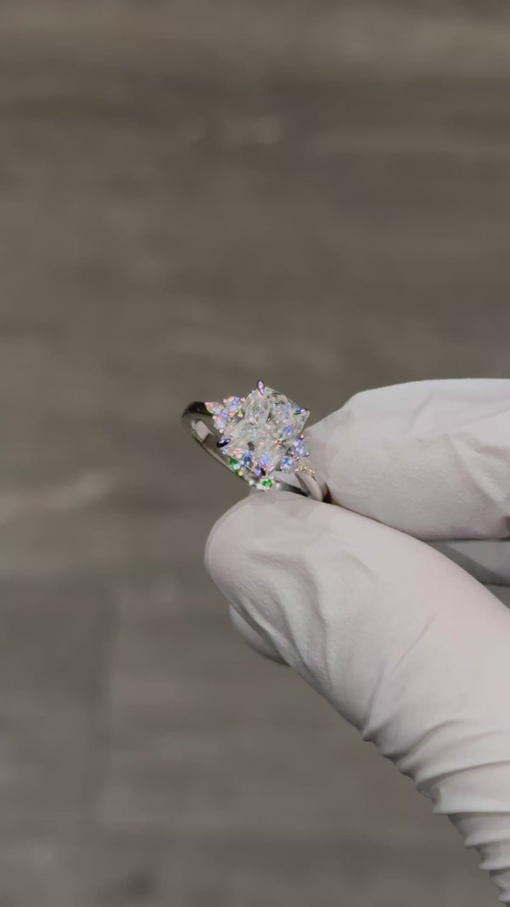 Customized™ 7x9mm, 3.00ct Ice Crushed Cushion Cut Moissanite with Side Accents in White Gold