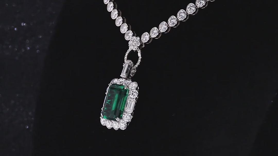 10x13mm, 6.50ct Lab-Grown Zambian Emerald Pendant with Bezel-Set Moissanite Tennis Necklace in 10K White Gold