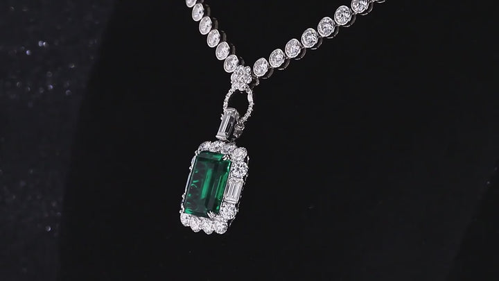 10x13mm, 6.50ct Lab-Grown Zambian Emerald Pendant with Bezel-Set Moissanite Tennis Necklace in 10K White Gold